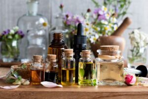 Variety of essential oils on tabletop